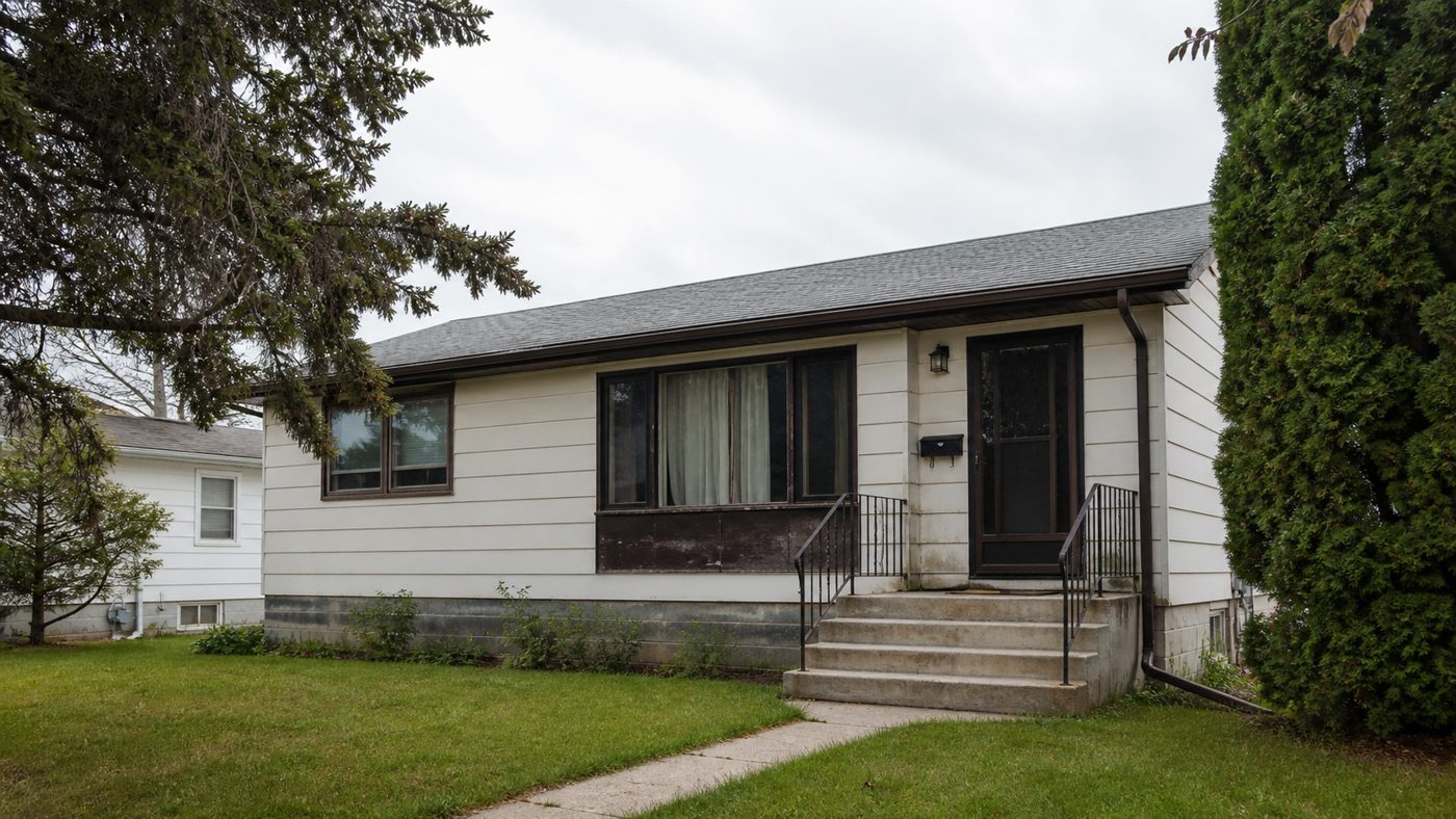 A modest bungalow with a dated porch and exterior that needs some upkeep